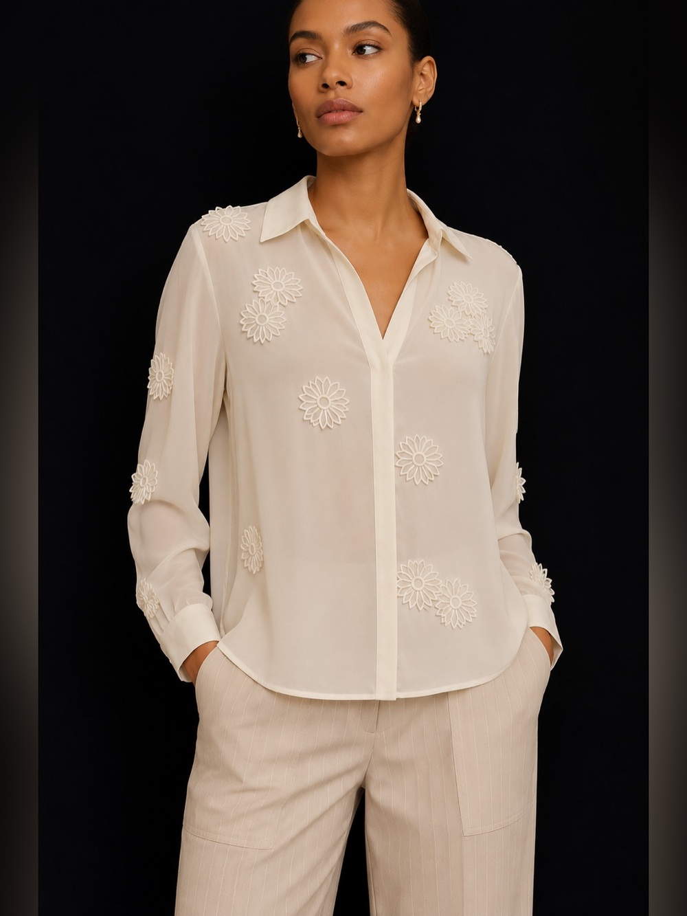 Elie Tahari - Jaslynn Floral Applique Silk Blouse